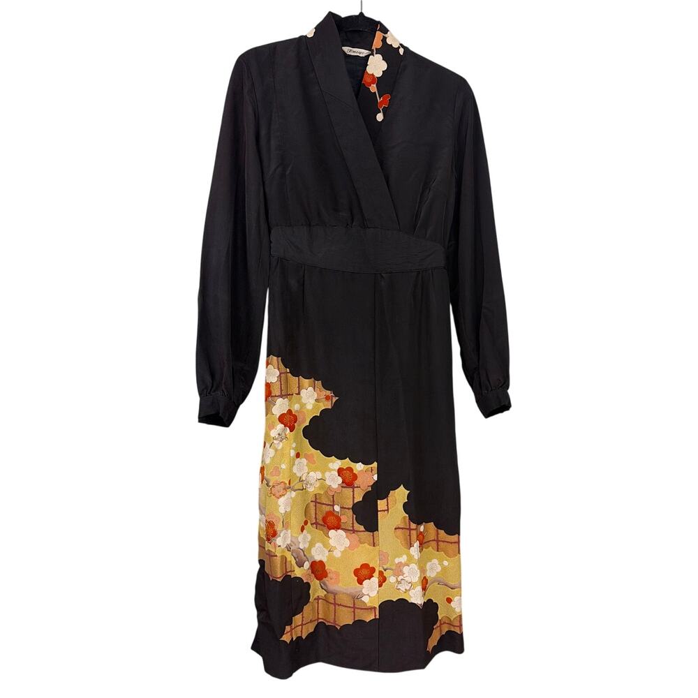 Tomoyo Kimono Empire Waist Band Tie Back Long Sleeve Midi Dress Women's Size S